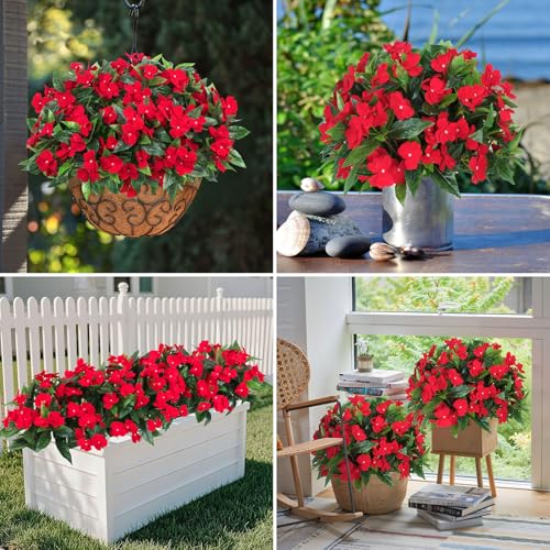 Ouddy Decor 6 Bundles Artificial Impatiens Flowers for Outdoors Decoration, Silk Flowers Bouquet Fake Plants UV Resistant for Spring Summer Garden Porch Window Box Balcony Home Decor, Red - color: Red