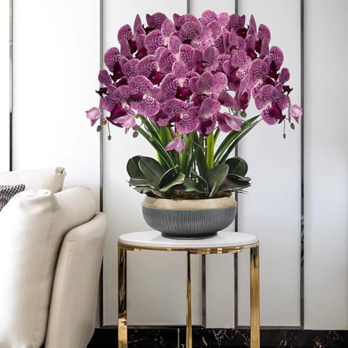 HinyoCo 5 Pcs Artificial Orchid Flowers and 4 Bundles Leaves, Artificial Phalaenopsis Flowers 32 Inch Stem Plants for Home Wedding Decoration (Purple Spots) - color: Purple Spots