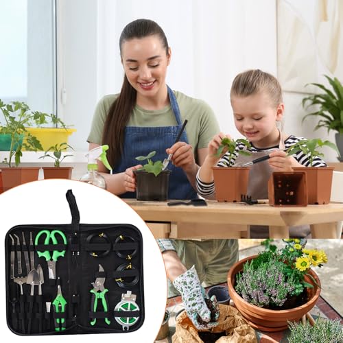 Bonsai Tools Kit 20 Pcs Garden Tools Set for Starters, Gardening Gifts for Women Men Includes Bonsai Wire Kit, Plant Mat, Pruning Shears, Bonsai Scissors, Succulent Tools in Leather Storage Bag - style: Green