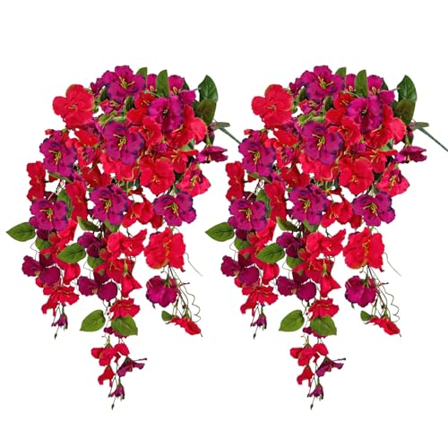 Artificial Fake Hanging Flowers Plants for Outdoor, Faux Silk Hibiscus Long Trailing Vines Realistic UV Resistant for Home Outside Front Porch Planter Patio Yard Decor (Red+Purple Red) - color: Red+purple Red