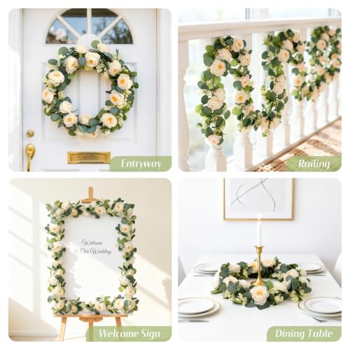 MAKHOT 2PCS Eucalyptus Garland, 6.6Ft Artificial Greenery Garlands Flower Decor, Green Spring Garland Wreath Vines Decorations for Table Home Wedding Mantle Party (Champagne) - color: Champagne-2pcs