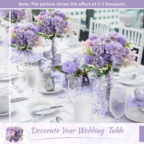 Zeyune 8 Pcs 13.4 Inch Artificial Flowers Bouquet Fake Silk Flowers Faux Bouquet Hydrangea Bouquets for Wedding Birthday Table Centerpieces Home Office Decoration (Peony,Purple) - color: Purple, size: Peony
