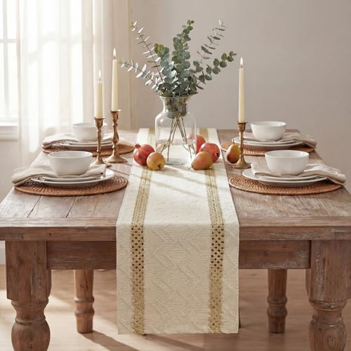 Artoid Mode Burlap Brown Stripe Woven Table Runner, Seasonal Holiday Hollow Kitchen Dining Table Decoration for Home Party Decor 12x36 Inch - color: Burlap Brown, size: 12" x 36", Table Runner