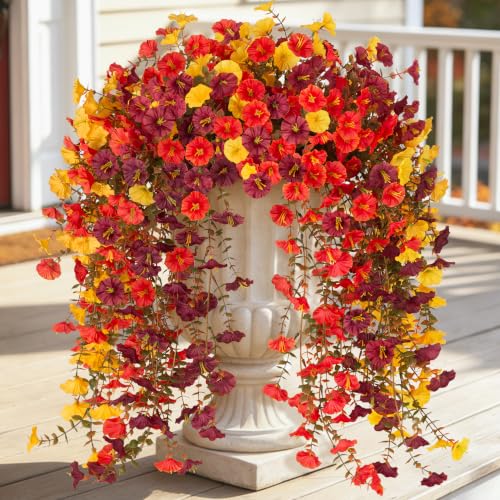 Hrobek Fake Fall Hanging Flowers Artificial for Outdoor Decoration, 9pcs | Long Vine Morning Glory, Realistic Faux Petunias for Patio Porch Garden, Orange Brown Yellow - color: Brown Orange Yellow