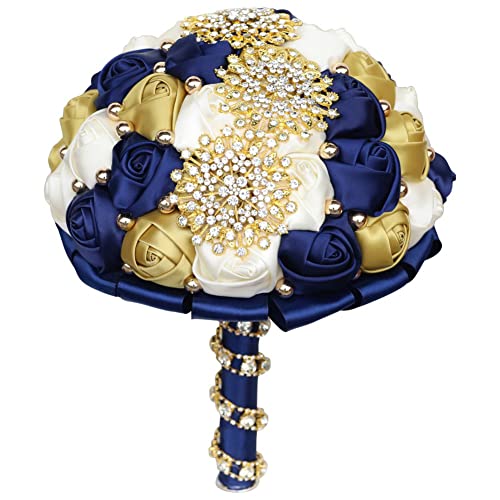 Bridal Wedding Bouquet with Gold Rhinestone Pearl for Quinceanera Bride Bridesmaid Satin Rose Flower Brooch Bouquet Wedding Navy Blue and Gold Ivory 7.1in - color: ['Navy, Gold & Ivory'], size: Diameter: 7.1 inches