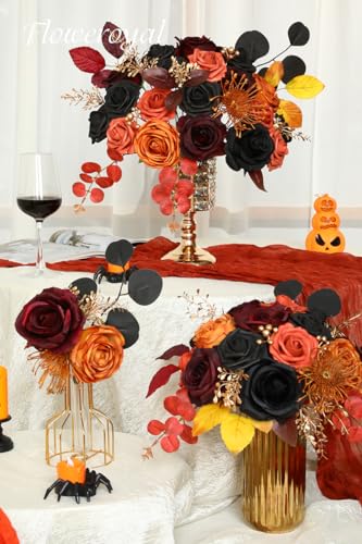 Floweroyal Halloween Artificial Flowers Black Flowers Mix Silk Flowers Fake Roses with Stems for DIY Wedding Bridal Bouquets, Baby Shower, Floral Arrangement, Table Centerpieces, Home Decorations - color: Orange & Black