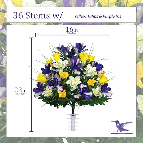 Sympathy Silks Artificial Cemetery Flowers - Grave Decoration - Yellow Tulips and Purple Iris (1) Headstone Saddle (1) Bouquet - color: Yellow/Purple, size: (1) Saddle (1) Bouquet