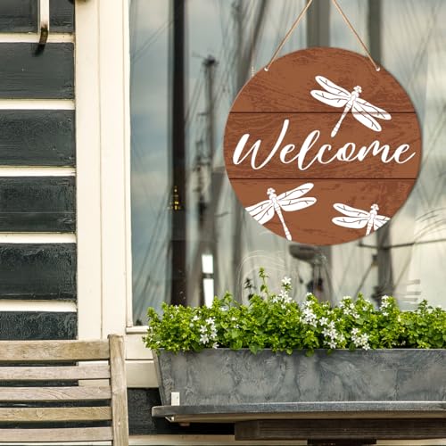 Muktoujaumai Welcome Sign Front Door Decor, Welcome Round Hanging Sign Decor Rustic Decorations Dragonfly Wall Wood Sign for Door, Porch, Home, Housewarming Gift for New House Friend Family - color: Y6