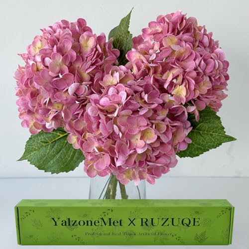 YalzoneMet 3 PCS Yellow/Pink Hydrangea Artificial Flowers 21'' Real Touch Faux Latex Hydrangea Flowers for Wedding Tables Centerpieces Baby Shower Pink Flower for Party Home Kitchen Decor - color: Pink
