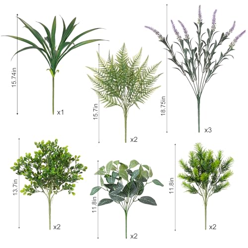 Hrobek Outdoor Faux Plants UV Resistant - 12 Bouquets Realistic Artificial Eucalyptus Fern Lavender Greenery for Patio Garden Front Porch Decor Weatherproof Fake Plants for Outside - color: Mix Greenery
