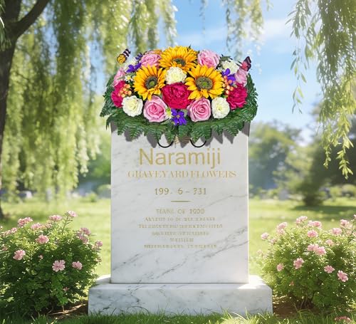 Artificial Cemetery Flowers Saddle and Headstone Flower Saddle -Pink Roses Sunflower Hibiscus Mix Bouquet, Sympathy & Memorial Flower