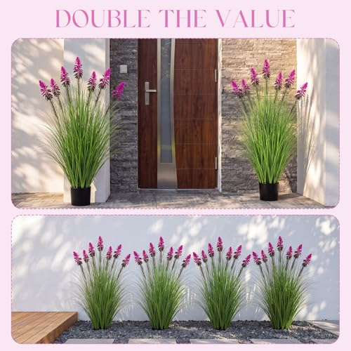 Jexine 2 Pieces 4 ft Artificial Tall Grass Plants Outdoor with Plum Cockscomb Flower Tall Artificial Grass Green Onions Plant Potted for Housewarming Gift House Garden Lobby Outdoor - color: Plum Cockscomb Flower