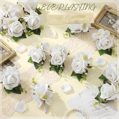 MTLEE 15 Pcs Burgundy Boutonniere for Men Rose Wedding Boutonniere with Pin Groom Groomsmen Buttonholes Man Suit Corsage for Vintage Wedding Ceremony Anniversary Dinner - color: White, style: Rose