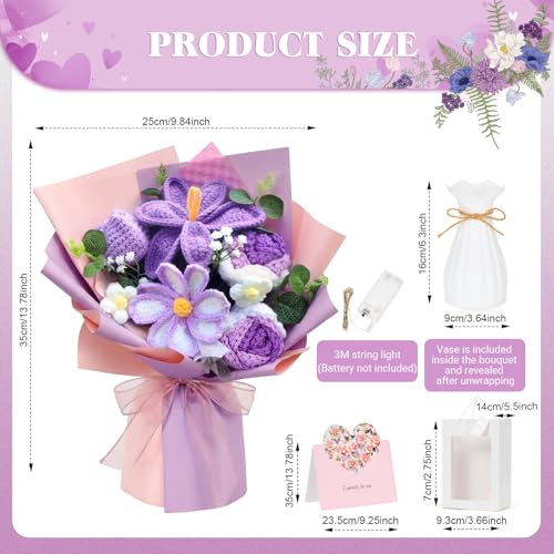 Crochet Flower Bouquet, Purple Handmade Knitted Flowers with Lights & Vase Crochet Tulips Galsang Liliy Rose Daisy Flower for Mothers Day Graduation Wedding Lover Teacher Anniversary Birthday Gift - color: Purple