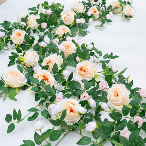 2 PCS 12FT Bendable Flower Garland, Artificial Rose Vine Hanging Floral Garland Decoration for Weding Home Room Wall Decor(Champagne) - color: Champagne, size: 2pcs