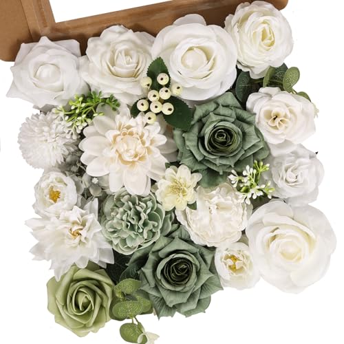 Artificial Flowers Combo Box Set Fake Flowers Dahlia White Roses Green Leaf with Stems for DIY Wedding Bouquets Baby Shower Party Home Decoration - color: Classic White