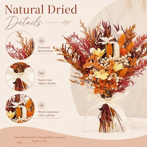 17" Dried Flower Bouquets, 100% Natural Dried Flowers with Dried Daisy,Dried Baby Breath,Eucalyptus,Orange Dried Flowers Decor for Vase Rustic Boho Home Decor,Party Fall Decor for Wedding Gift - color: Orange Daisy B