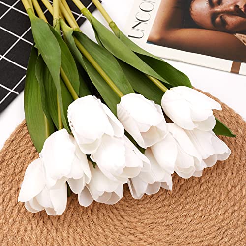 20PCS Artificial Tulips Real Touch Faux Flower Moisturizing Tulips for Photography Ornaments Home Garden Wedding Party Decor Fake Flowers (White) - color: White
