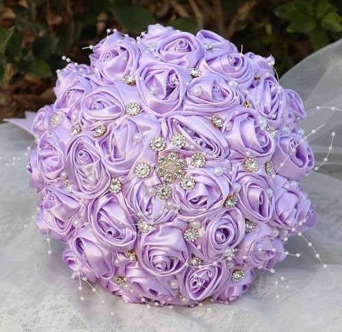 Ujicde Romantic Wedding Bouquet Bridal Bridesmaid Round Bling Brooch Bouquet Throw Toss Artificial Rose Flower Bunch with Sparkle Rhinestone Crystal Decoration(Light Purple,Dia. 6.3"*16cm) - color: Light Purple, size: Dia. 6.3"*16cm