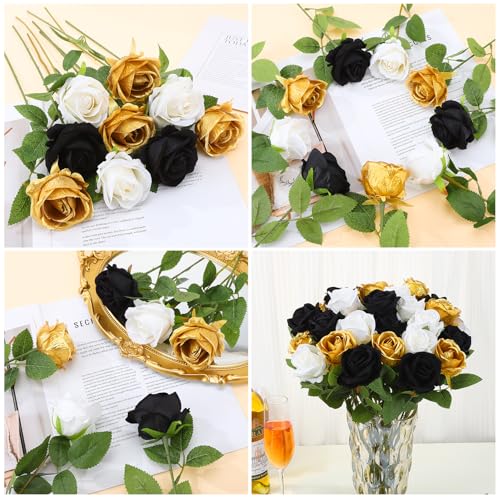 36 Pcs Velvet Texture Black, Gold, White Artificial Flowers Bridal Bouquet, Fake Rose Long Stem Realistic Flowers Bulk for Valentine's Day Wedding Bouquet Ball Arrangement Centerpiece Party - color: Black, Gold, White