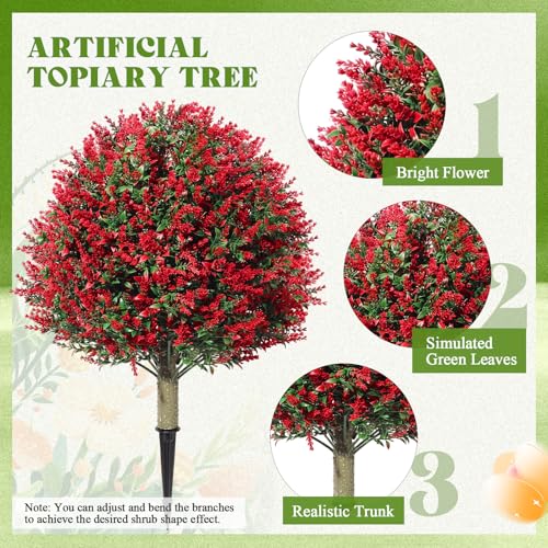 Lunmon 2 Pack 24" Artificial Topiary Ball Plants Trees with Flowers, Outdoor Fake Topiary Plants with Ground Spike, UV Resistant Faux Bushes for Indoor Outdoor Front Door Decor - color: Red, style: Lavender