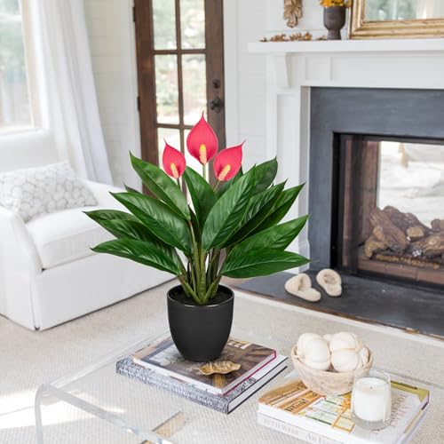 GnFlus 20'' Realistic Pink Anthurium Artificial Plant, Fake Potted Plants for Home Office Farmhouse Kitchen Bathroom Table Shelf Decor - color: 20'' Red