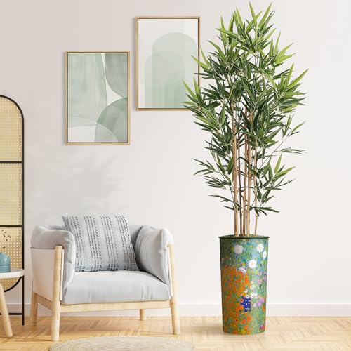 Artificial Tree in Colorful Flower Pattern Planter, Fake Bamboo Silk Tree for Indoor and Outdoor Home Decoration - 70" Overall Tall (Plant Pot Plus Tree) - style: Bamboo