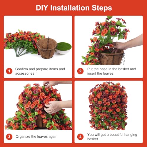 INXUGAO Artificial Flowers with Hanging Basket, Outdoor Faux Plants Silk Morning Glory Vines, Fake Green Arrangement for Garden Patio Spring Summer Decor(4pcs,Orange Brown) - color: Orange Brown