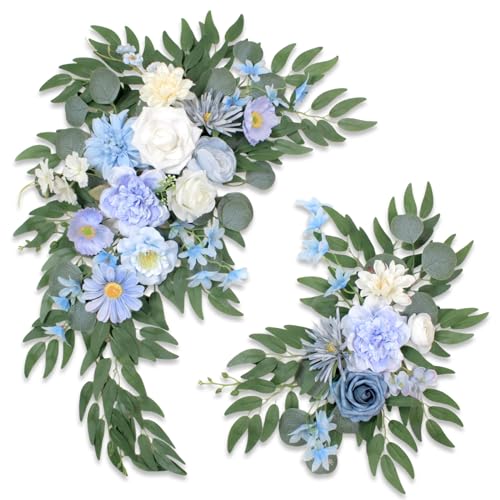 Odouzy Pack of 2 Wedding Arch Decorations Artificial Hanging Flowers Floral Swag for Wedding Welcome Sign Backdrop Balloon Arch Home Party Bridal Ceremony Reusable(Blue) - color: Blue