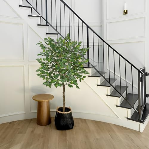 4Ft Ficus Tree Artificial Plants Indoor with Realistic Trunk, Tall Fake Potted Tree Faux Floor Plant, Artificial Tree in Pot for Home Living Room Office Bedroom Corner Decor(Green) - color: Green, size: 4Ft