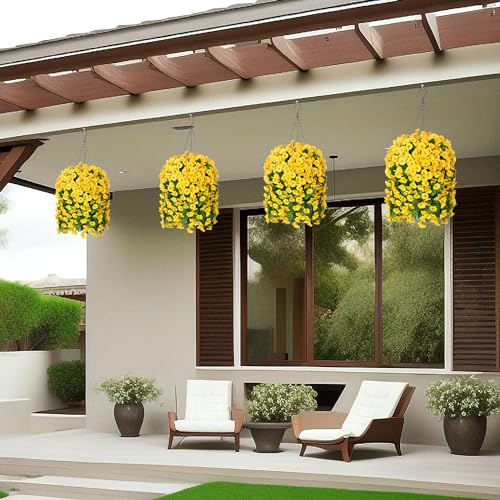 Ammyoo Artificial Faux Hanging Flowers Basket for Spring Summer Outdoor Porch Decor, Fake Silk Colorful Morning Glory Eucalyptus in Planter UV Resistant Look Real for Home Balcony Yard(Yellow) - color: Yellow