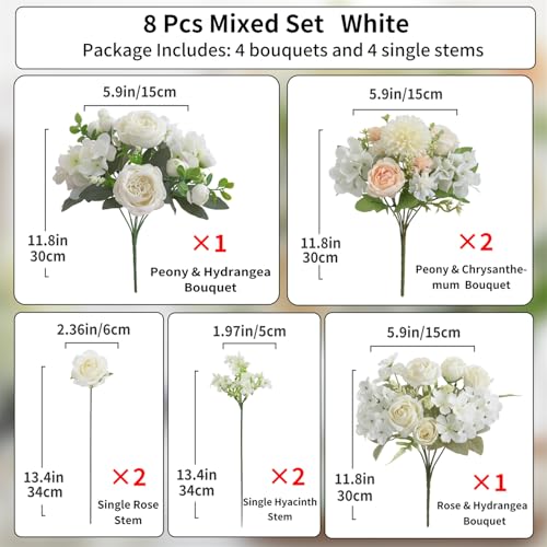8 Pcs Mixed Artificial Peony Flowers Set-4 Bouquets & 4 Stems, White Fake Peony Rose Hydrangea Flower for Vase Silk Floral Arrangements for Table Centerpiece Wedding Party Bridal Decoration Home Decor - color: White, size: Mixed 8pcs