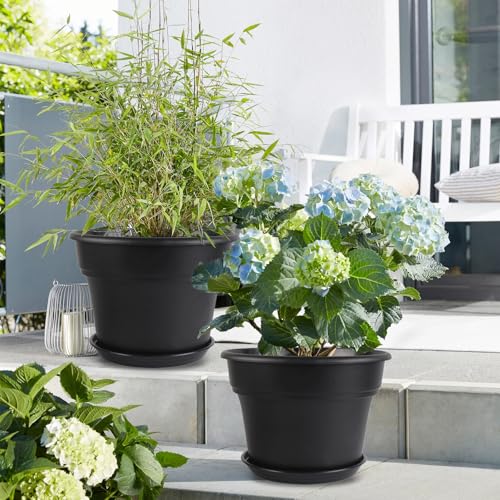 Myfeegoin 16-inch-Plant-Pots, 4 Pack Large Planters for Outdoor Plants, Plastic Flower Pots Indoor with Drainage Holes & Trays, Classic Garden Pot Container for House - color: Black, size: 16inch