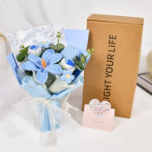 Knitted Flower Bouquet - Handmade Tulip Rose Daisy Crochet Flowers Bouquet for Mother's Day Father's Day Graduation Birthday Teacher Appreciation Gifts Home Decor Blue - color: Blue