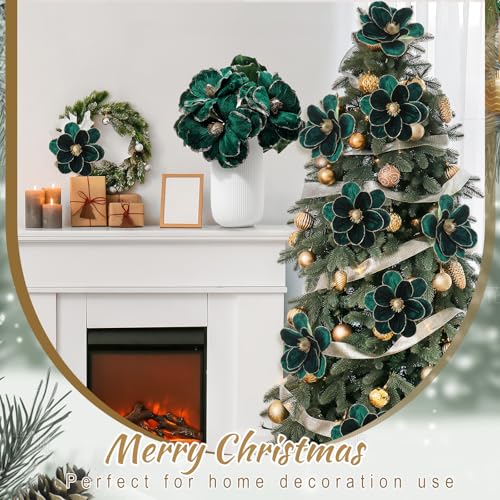 18 Pcs Large Velvet Christmas Poinsettia Magnolia Flowers Ornaments Glitter Big Heads Artificial Magnolia Flowers for Decoration Wedding Decor Supplies(Dark Green) - color: Dark Green