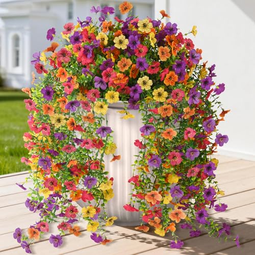 Artificial Hanging Flowers for Outdoors, 2 Pcs Fake Hanging Plants Spring Summer Decor, UV Resistant Faux Silk Daisy Flower for Front Door Porch Planter Patio Yard Garden(Purple Rose Orange Yellow) - color: Purple, Rose, Orange, Yellow