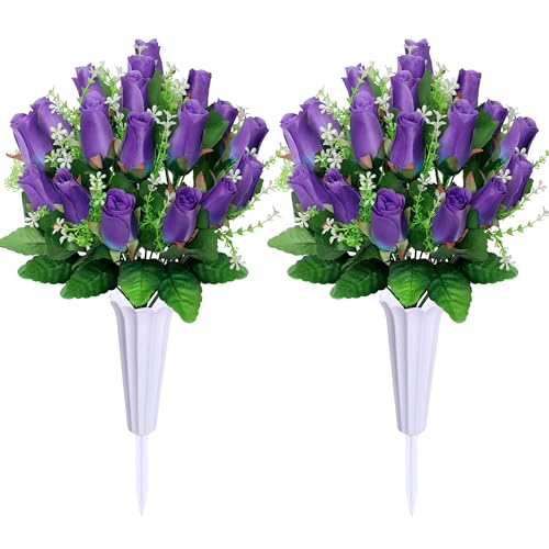 Artificial Cemetery Flowers for Grave,2Pack Memorial Roses Bouquets with Vase for Grave Tombstone Decorations (Purple) - color: Purple