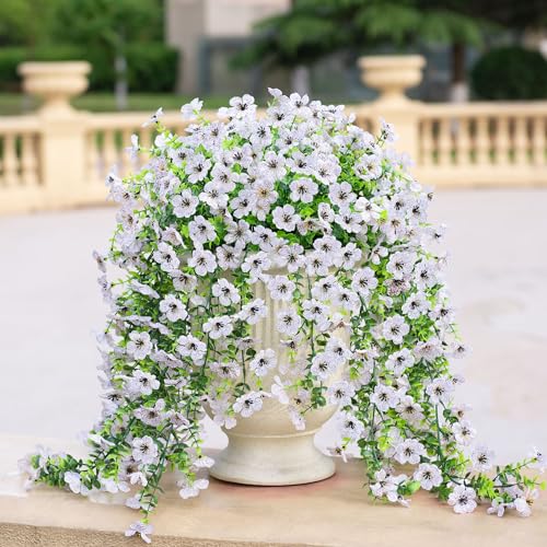 Ammyoo Artificial Hanging Flowers for Outdoors Faux Plants Decoration, 2 Packs Fake Silk Daisy Flower Realistic Outdoor Flowers UV Resistant Porch Patio Window Yard Outside Decor(White) - color: White