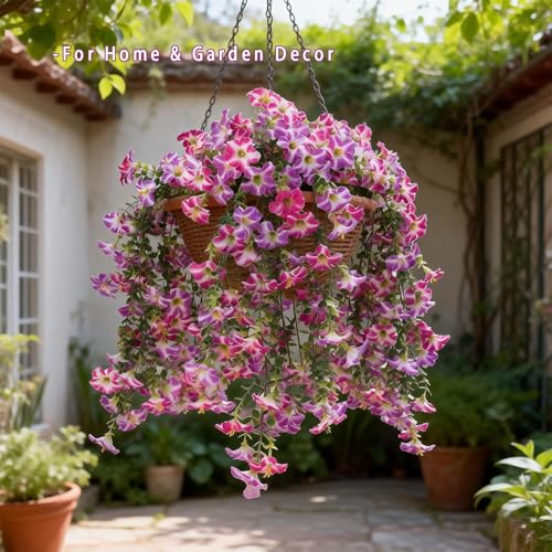 3 Pack Artificial Morning Glory Flowers for outdoors spring decor, UV Resistant Fake Flowers for Outdoor Wedding Party, Realistic Faux Hanging Plants for Patio, Porch,Front Door Decor (Pink Purple) - color: Double Purple-3