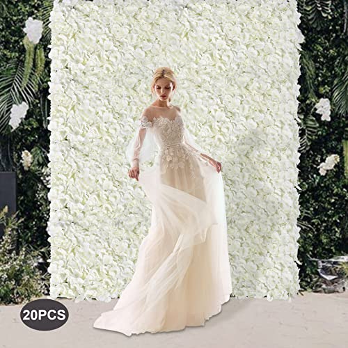 Flower Wall Panel Backdrop 20PACK 24 x 16 Inch White Artificial Hydrangea Floral Backdrop,Flower Wall Decor,Silk Rose Wall, Artificial Flower Backdrop Faux Flower Panel for Wedding - color: Milky-white-20pcs