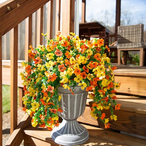 INSPRING Artificial Flowers for Outdoors Fake Mums Hanging Plants Decor, 2Pcs Silk Daisy with Eucalyptus UV Resistant Look Real Trailing Vines for Planter Front Door Patio Yard, OrangeYellow - color: Orangeyellow