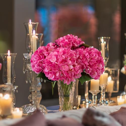YalzoneMet 4Pcs Magenta Silk Hydrangea Artificial Flower Rose Red Lifelike Big Blooms 20'' Long Stem Faux Hydrangea Flower Bouquets for Home Party Indoor Outdoor Wedding Table Centerpiece Decor - color: Magenta