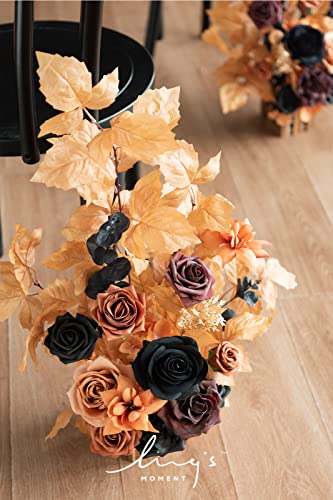 Ling's moment 17.5" Tall Standing Artificial Flowers Arrangements 4pcs Fall Wedding Aisle Runner Chair Decorations Orange Black Centerpieces for Ceremony Reception Rose Floral Party Outdoor - color: Black & Pumpkin Orange