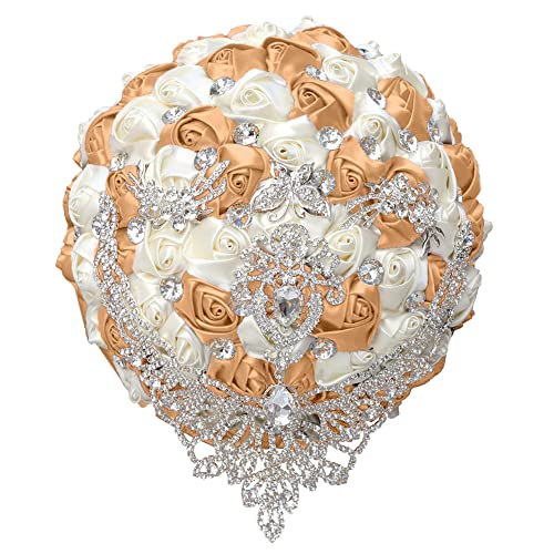 XINNI Handmade Bridal Wedding Bouquet Bride Bridesmaid Satin Rose Flower Bouquet with Drop-Shaped Rhinestone Wedding Decoration (Khaki+Ivory) - color: Khaki+ivory