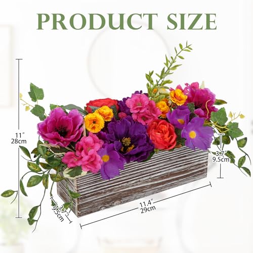 DILATATA Flower Arrangement with Wooden Vase 10" Artificial Flowers in Pot - Fake Flowers in White Rectangular Wooden Vase Potted Faux Flower Centerpieces for Table Decor Living Room - Purple - color: 11"l Purple