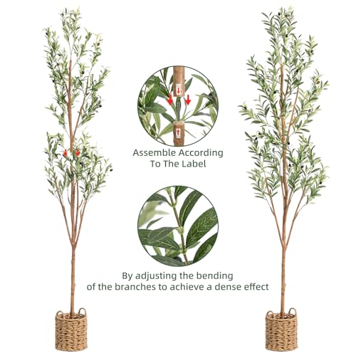 7ft Artificial Olive Tree with LED Fairy Lights & Woven Planter - Lifelike Faux Silk Plant with Realistic Leaves & Fruits and Natural Trunk for Indoor Home Office Living Room Bedroom Foyer Decor - size: 6ft 11in
