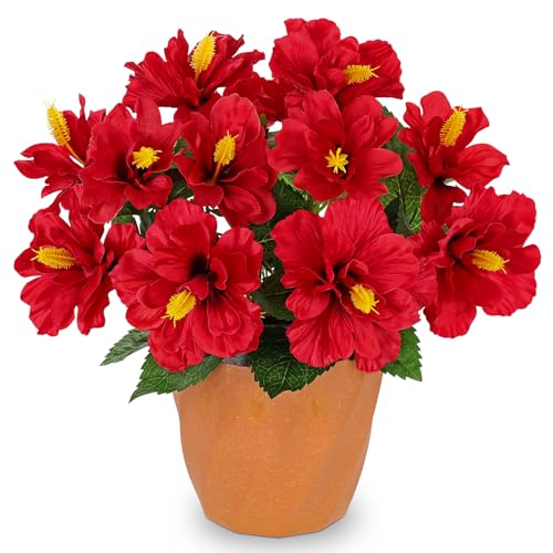 Briful Artificial Hibiscus Flowers in Pot, 14.1" Faux Tropical Flower Plant for Outdoor Porch, Potted Red Hibiscus Tabletop Decor for Living Room, Dining Table, Kitchen, Office, Indoor Home Décor - color: 14'' Red