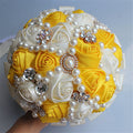 USIX Handcraft Popular Satin Rose Rhinestone Brooch Flower Pearl Bridal Holding Wedding Bouquet Wedding Flower Arrangements Bridesmaid Bouquet(Yellow+Ivory) - color: Yellow+ivory