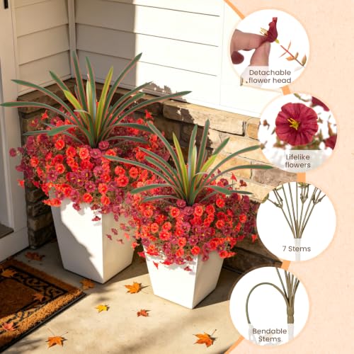 INXUGAO 13 Pcs Artificial Fall Flowers for Outdoors Fake Plant Autumn Decor | 12 Bundles Silk Morning Glory + Orchid Leaf UV Resistant Faux Flowers for Porch Planter Garden Patio Decor (Brown Orange) - color: Brown & Orange