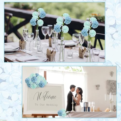 72 Pcs Blue Green Hydrangea Artificial Flowers, Round Floral Bouquet for Home Decor, Wedding, Party, and Seasonal Decoration, Realistic Fake Flowers for Centerpieces Aisle Table Arrangements - color: Blue